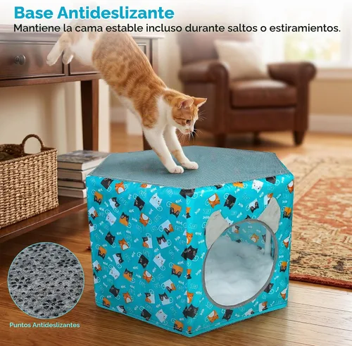 Vista 7 de Camas para gatos de interior, cama hamaca elevada para gatos, casa hexagonal para gatos con malla transpirable y parte inferior antideslizante, cama