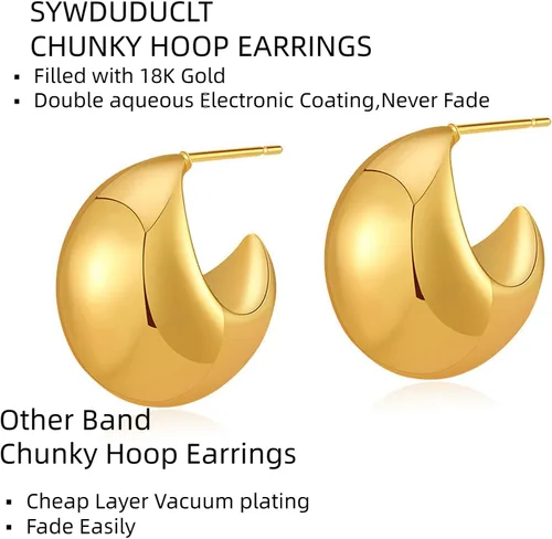 Vista 5 de SYWDUDUCLT Oversized chunky Gold Earrings gold plated earrings Lightweight Drop Earrings Fashion Jewelry for Women Girls Gift with 18K Real Gold