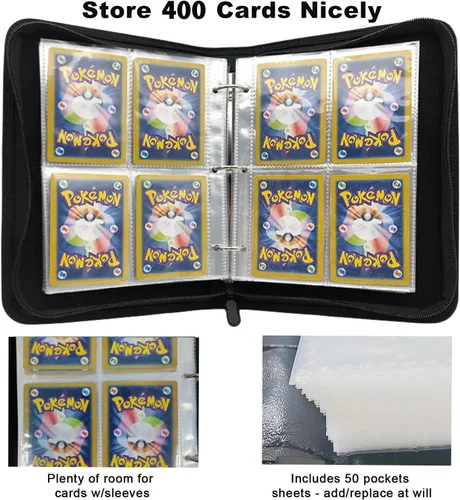 Vista 2 de Carpeta de tarjetas coleccionables de 4 bolsillos, 400 bolsillos para tarjetas de Pokémon con cremallera, 50 fundas compatible con tarjetas Negro