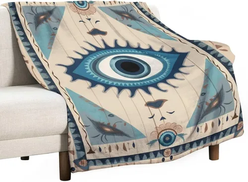 Vista 9 de Manta de mal de ojo, tribal bohemio, retro, súper suave, acogedora, cálida, manta decorativa para sala de estar, dormitorio, dormitorio