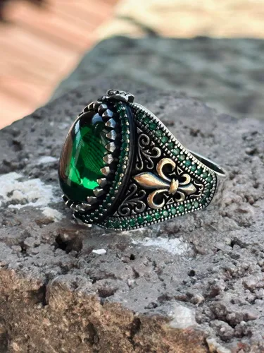 Vista 3 de Silver Handmade Ring, Emerald Stone Ring, Silver Green Zircon Stone Ring, Engraved Silver Ring, Ottoman Style Ring, Gift For Him