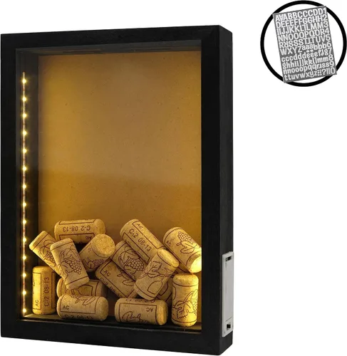 Vista 5 de Caja de sombra de madera rústica negra de 8"X11" con luces, vitrina iluminada con LED para corchos de vino, boletos y exhibiciones creativas