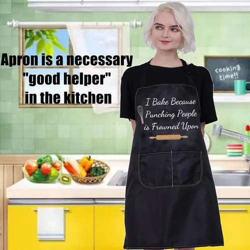 Vista 6 de PXTIDY Delantal para hornear con texto en inglés "I Bake Because Punching People is Frowned Upon Delantal Culinary Student Gift Pastelería Chef