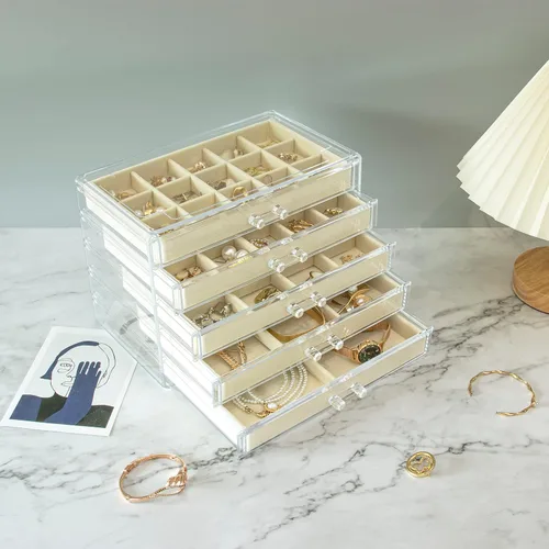 Vista 2 de KAMIER Caja organizadora de aretes con 5 cajones, caja organizadora de joyas de acrílico transparente para mujeres, juego de 20 bolsas de joyería