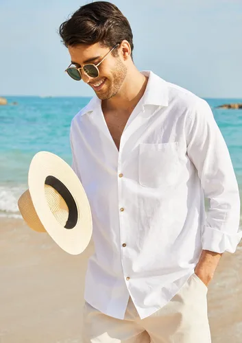 Vista 2 de COOFANDY Camisas de lino y algodón para hombre manga larga casual con botones para la playa