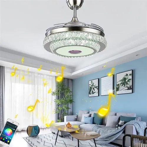 Vista 9 de Candelabros inteligentes de 42 pulgadas con Bluetooth, regulable, 7 cambios de color, lámpara LED de cristal retráctil con ventilador con control