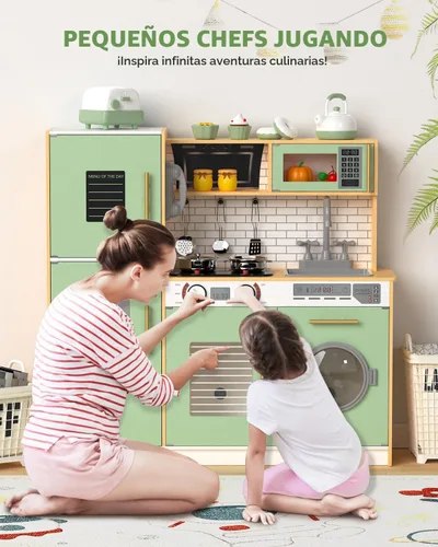 Vista 2 de Babytronic Juego de cocina de madera para niños, cocina de juego interactiva con luces y sonidos, juego de cocina de juguete para niños con grifo