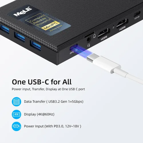 Vista 2 de MeLE Quieter3C Mini PC sin ventilador, Celeron N5100, 8 GB de RAM, 256 GB de almacenamiento USB-C de función completa, WiFi 5, soporte de pantalla