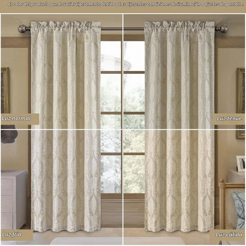 Vista 2 de Loom and Mill - Cortinas de lujo de jacquard para dormitorio, cortinas de damasco beige de 2 paneles con alzapaños, elegante cortina de ventana