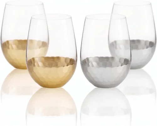 Vista 15 de Copas de vino sin tallo, juego de 2, 18 onzas, diseño de panal dorado