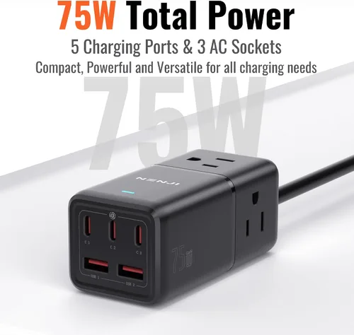 Vista 2 de NENJI Estación de carga USB C GaN de 75 W, regleta de alimentación 8 en 1 de carga súper rápida con 5 puertos USB y 3 puertos de CA, carga Negro