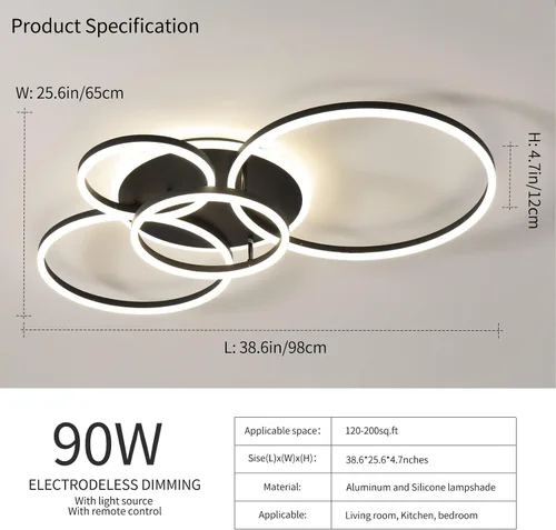 Vista 4 de Lámpara de techo LED moderna de 90W regulable con control remoto, 5 anillos, lámpara de techo empotrada, candelabro acrílico negro LED para sala