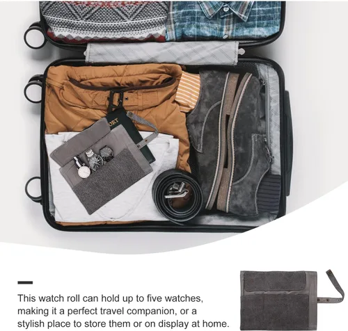 Vista 5 de Watch Band Storage Bag and Watch Organizer Pouch, Gray Nylon Portable Travel Case for Smartwatch Accessories, Space-saving Roll with Snap Closure