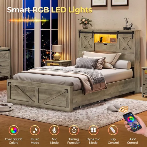 Vista 5 de Marco de cama de granja tamaño individual con 2 cajones de almacenamiento, plataforma de madera con luces LED y estación de carga, cabecera