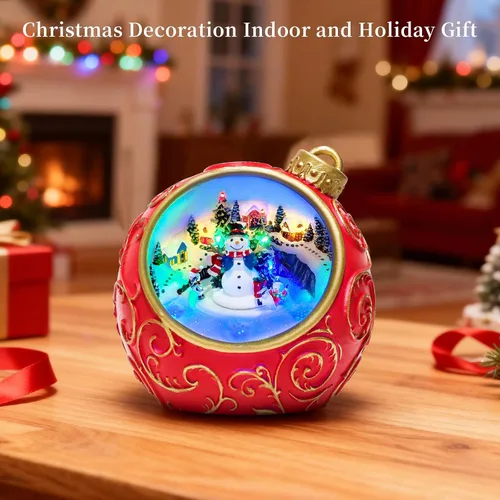 Vista 9 de Figuras musicales animadas de pueblo navideño de 6.3 pulgadas con muñeco de nieve giratorio de esquí y luces, temporizador automático de 6 horas
