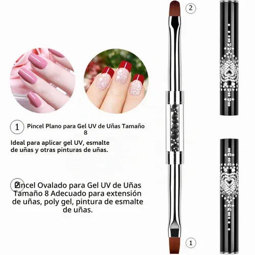 Vista 3 de Juego de 2 cepillos de diseño de uñas de doble extremo con mango de diamantes de imitación, juego de cepillos de uñas de gel UV, herramientas