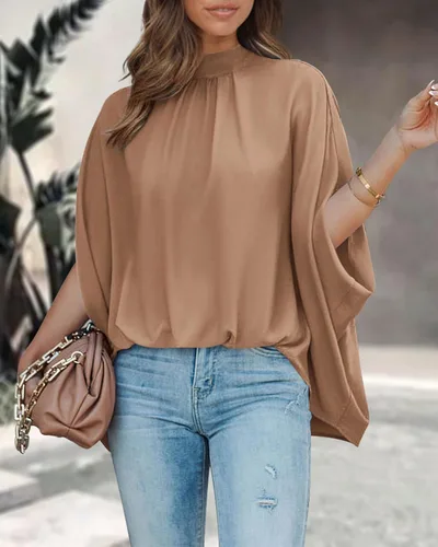Vista 144 de BTFBM Blusas de verano para mujer, cuello alto falso, manga murciélago, holgadas, dobladillo alto y bajo, blusas informales de gran