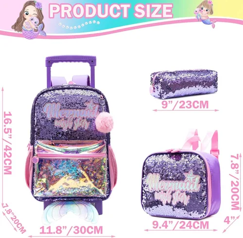 Vista 2 de Meetbelify Girls Rolling Backpack Sequin Rolling Backpacks with Wheels for Girls for Elementary School Bag