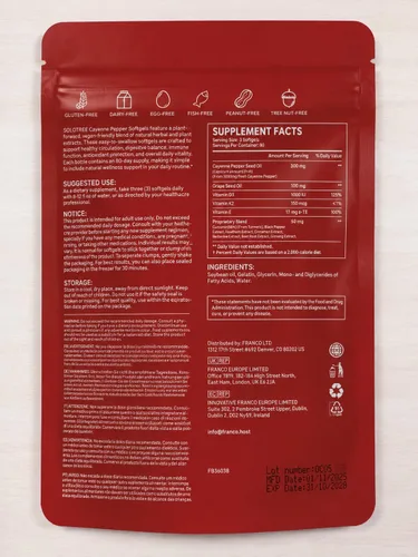 Vista 3 de Suplemento de cápsulas blandas de pimienta de cayena, rico en vitamina E D3+K2 y extractos de semilla de uva, espino, remolacha y otros, apoya