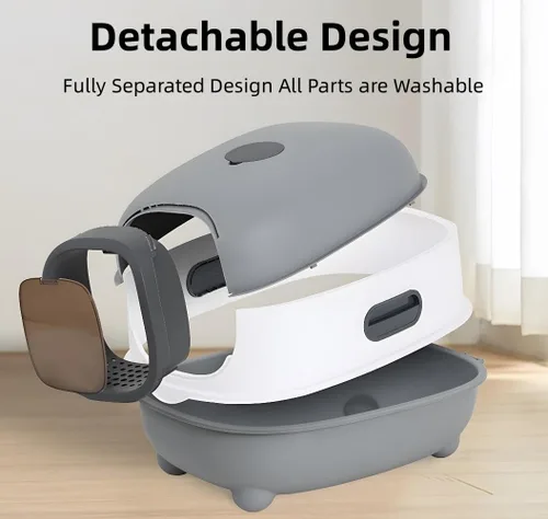 Vista 5 de Caja de arena para gatos, bandeja de arena grande para gatos con luz UV, bandeja de arena para gatos con tapa, bandeja de arena cerrada para gatos