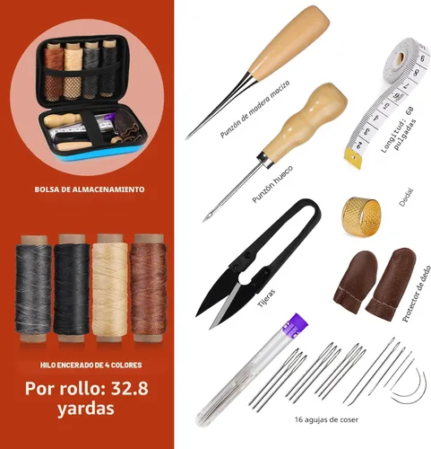 Vista 3 de Kit de costura de cuero MORFEN, kit de costura de cuero con punzón de costura, agujas, hilo encerado, kit de reparación de tapicería, herramientas