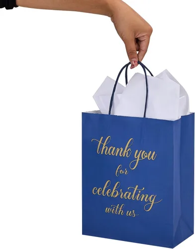 Vista 9 de DjinnGlory Paquete de 50 bolsas de regalo de papel de bienvenida de tamaño mediano color azul marino de 10 x 8 x 4 pulgadas, bolsas