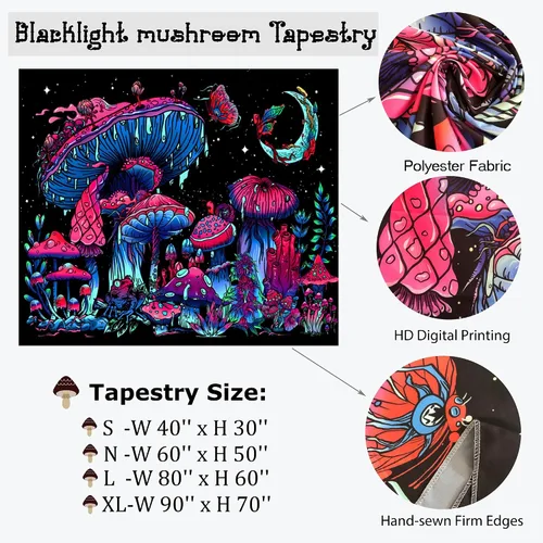 Vista 6 de TUGCAY Tapiz de hongos con luz negra, que brilla en la oscuridad, tapiz de plantas con luz negra, fantasía, hongo, mariposa, luna, reactivo a