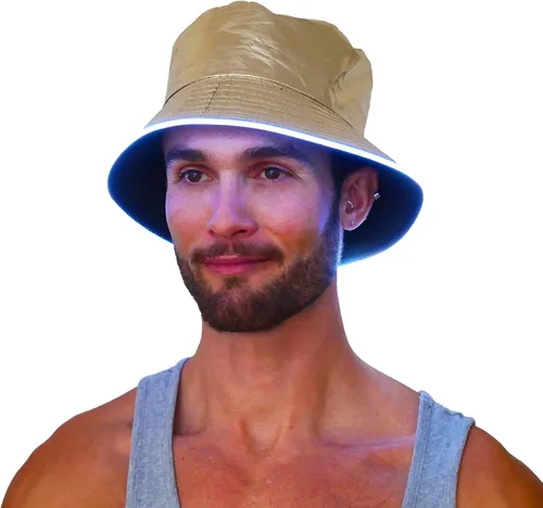 Vista 3 de Sombrero de pescador iluminado de piel sintética, accesorio rave, traje de festival de neón, sombrero de cubo reversible con LED para hombres