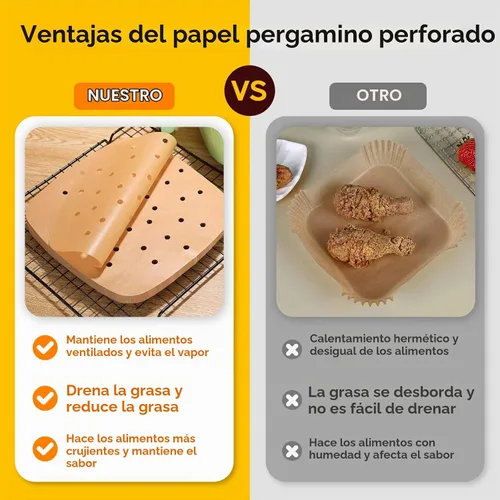 Vista 3 de Katbite 200 piezas de 6.5 pulgadas, revestimientos cuadrados sin blanquear, papel pergamino perforado resistente para freidora de aire, cesta