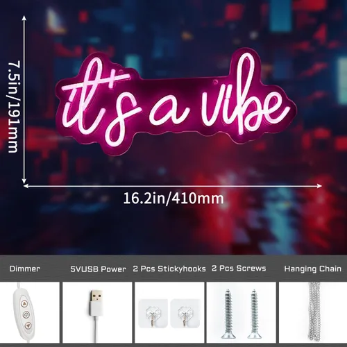 Vista 2 de Letreros de neón con texto en inglés "It's a Vibe", luz de neón para dormitorio, decoración de pared LED USB regulable para el día de San Valentín
