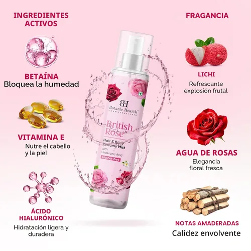 Vista 5 de Botanic Hearth British Rose Spray corporal y perfume para el cabello para mujeres, 3.4 onzas