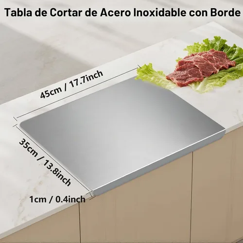 Vista 2 de Tabla de cortar para cocina, tabla de cortar de acero inoxidable con labio, tabla de cortar de metal para carne, verduras, frutas y masa de pan
