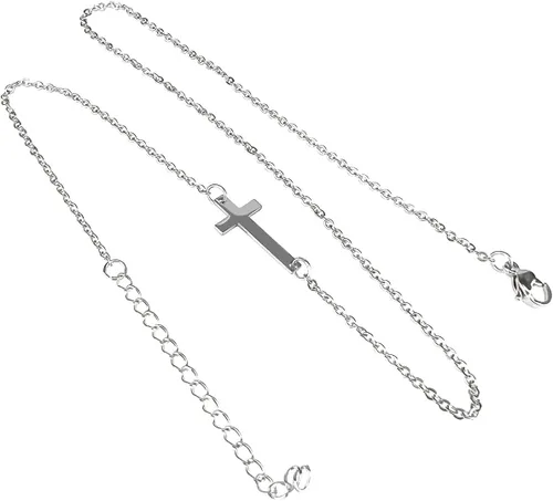 Vista 3 de ORENTINI 2mm 18K Gold Plated, 925 Sterling Silver Cute Faith Dainty Sideways Cross Necklace On A 16" Open Link Chain Necklace Choker For Women Girls