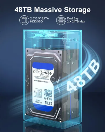 Vista 2 de Caja de disco duro de 2 bahías para disco duro SATA HDD/SSD de 2.5"/3.5" hasta 48 TB, caja de disco duro externo de aluminio con ventilador
