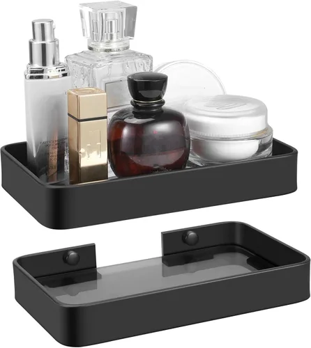 Vista 8 de Z metnal Estantes pequeños de vidrio para baño, estante flotante negro mate, mini organizador de estantes de pared, montado en la pared