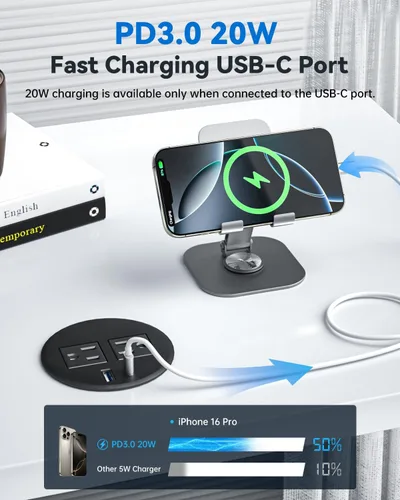 Vista 3 de Ojal de alimentación de escritorio con carga rápida USB C de 20 W, regleta de alimentación empotrada de 3 pulgadas para escritorio, mesas de Negro