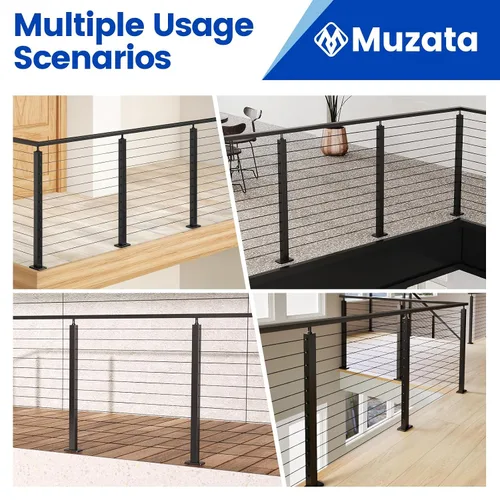 Vista 6 de Muzata Paquete de 4 postes de barandilla de cable negro de 42 pulgadas, 42 x 2 x 2 pulgadas, montaje en superficie perforada de nivel T304, kit