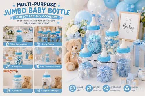 Vista 4 de Evershine Banco de biberones de plástico, banco de ducha de bebé rellenable azul de 13 pulgadas, centro de mesa de botella de plástico Jumbo Baby