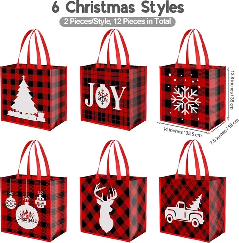 Vista 2 de Aneco 12 bolsas grandes reutilizables de Navidad rojas y negras no tejidas con asas, bolsas de regalo para suministros de fiesta, 14 x 13.8 x 7.5