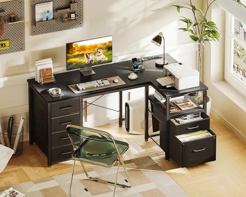 Vista 9 de Coleshome - Escritorio en forma de L para computadora con 6 cajones y toma de corriente, escritorio esquinero de 55 pulgadas con estante