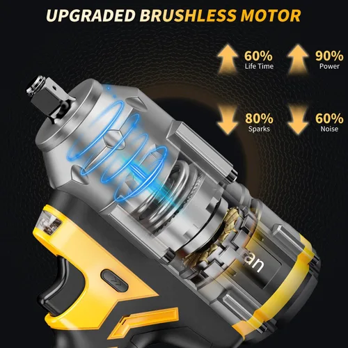 Vista 4 de Llave de impacto inalámbrica 1/2 para batería Dewalt de 20 V, destornillador de impacto sin escobillas de 1500 Nm/1106 pies-libras, herramienta
