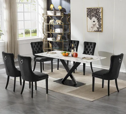 Vista 53 de Juego de 5 mesas de comedor, juego de mesa de cocina y comedor para 4, mesa de cocina rectangular de mármol sintético blanco de 47 pulgadas con base