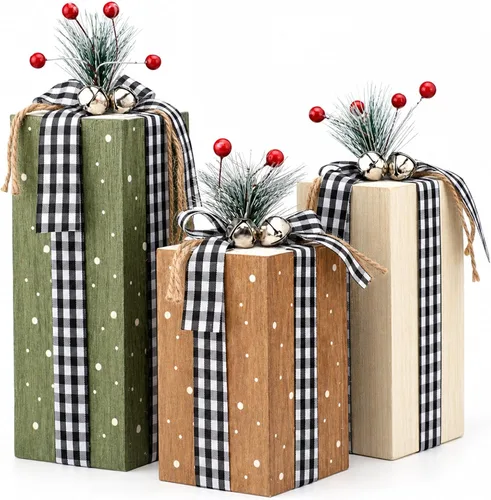 Vista 7 de 3 piezas de caja de regalos de madera de Navidad, decoración de centros de mesa de regalos a cuadros navideños, decoración de bandeja escalonada