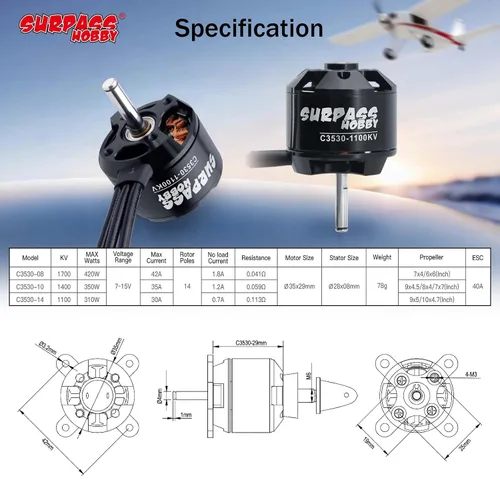 Vista 3 de Surpass C3530 1100KV Motor sin escobillas para aviones RC Ala fija