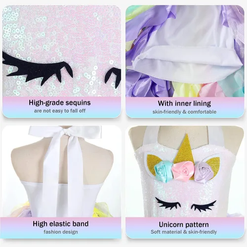 Vista 4 de netbros 3-8Y Unicorn Dresses for Little Girls Rainbow Unicorn Costume for Halloween Birthday Party
