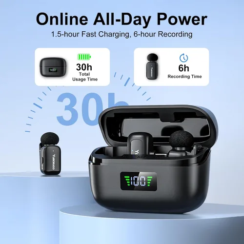 Vista 6 de Mini micrófono Lavalier inalámbrico para tabletas iPhone Android, micrófono de solapa con reducción de ruido, funda de carga de 30 horas, cambiador