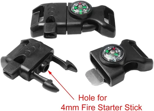 Vista 4 de 5/8 pulgadas brújula raspador pedernal iniciador de fuego hebilla silbato pulsera paracord al aire libre camping emergencia supervivencia viajes kits