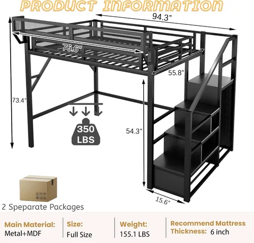Vista 2 de Mirightone Cama elevada de tamaño completo con escaleras, camas elevadas de metal, estructura de cama elevada con estantes de almacenamiento, cama