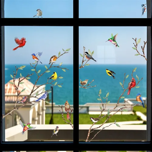 Vista 6 de Yovkky Adhesivo de 9 hojas para ventana de árbol de primavera y verano, diseño cardenal anticolisión, decoración de colibrí, pájaro azul, petirrojo