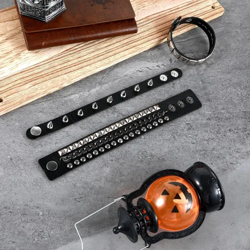 Vista 5 de Ouligay 3 pulseras con tachuelas, pulseras con pinchos, pulsera de cuero punk para mujeres y hombres, juego de pulseras de cadena vintage